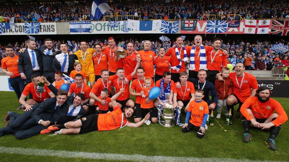 The party begins as Glenavon celebrate winning the Irish Cup for the first time since 1997