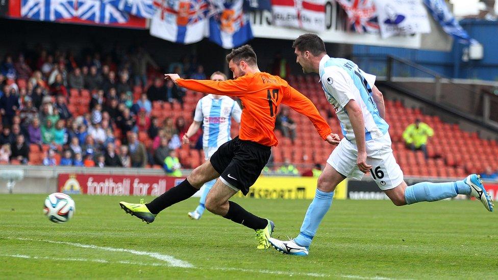 Mark Patton strikes the winning goal for Glenavon against Ballymena United, giving the Lurgan club their first Irish Cup triumph for 17 years