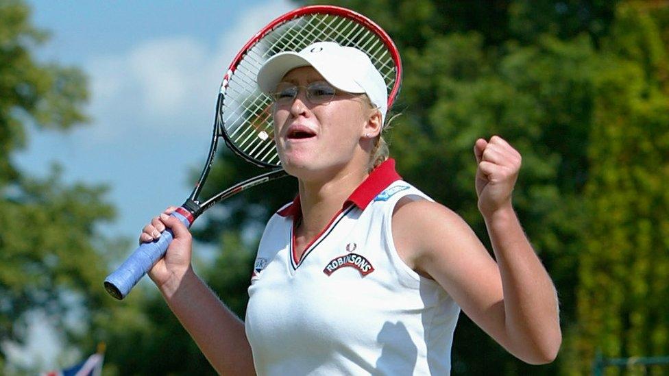 Elena Baltacha celebrates after her win against South Africa's Amanda Coetzer at Wimbledon in 2002