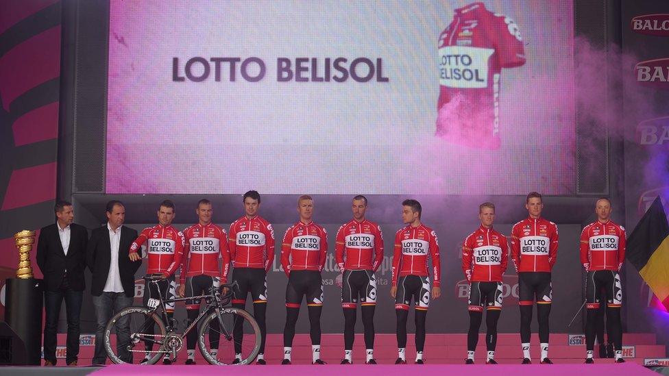 Members of Belgian team Lotto-Belisol are introduced to the spectators who crowded outside Belfast's City Hall ahead of the Giro d'Italia's big start