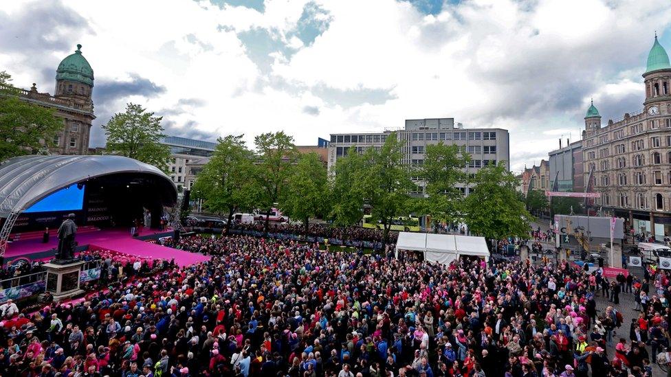 Thousands of spectators were in Donegall Square in Belfast City centre to get a first look of the riders before the 97th Giro d'Italia