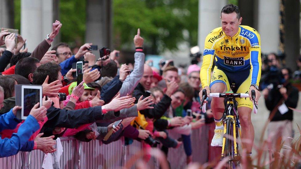 Irish rider Nicolas Roche, whose father Stephen won the race 26 years ago, is introduced to the fans in Belfast