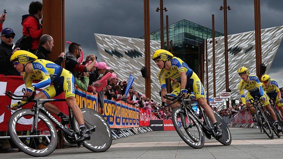 Tinkoff-Saxo's Nicolas Roche leads his team as the Giro d'Italia starts at the Titanic Quarter in Belfast with the 21.7 km team time trial