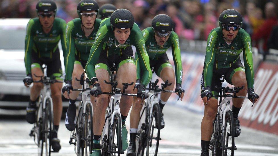 The Europcar cyclists in action during the team time trial on day one of the 97th Giro d'Italia in Belfast