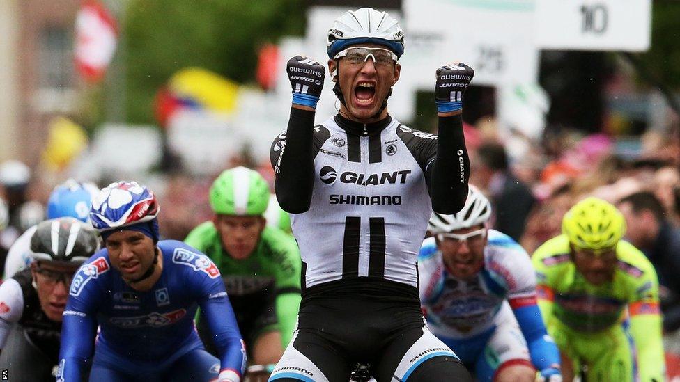 Marcel Kittel celebrates his victory in the second stage of the Giro d'Italia after a bunch sprint in Belfast