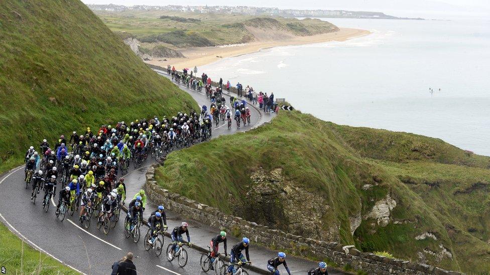 The Giro d'Italia peloton just outside Portrush midway through Saturday's second stage in Northern Ireland