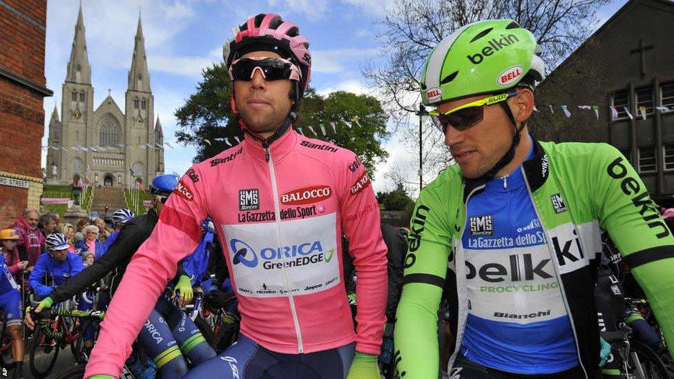 Race leader Michael Matthews with Dutch rider Maarten Tjallingii in the cathedral city of Armagh before the start of Sunday's stage