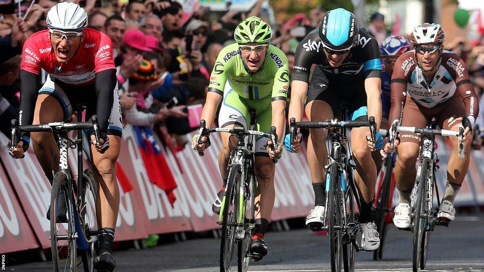 Germany's Marcel Kittel shouts with joy in Dublin as he produces an astonishing sprint to clinch his second successive Giro stage win