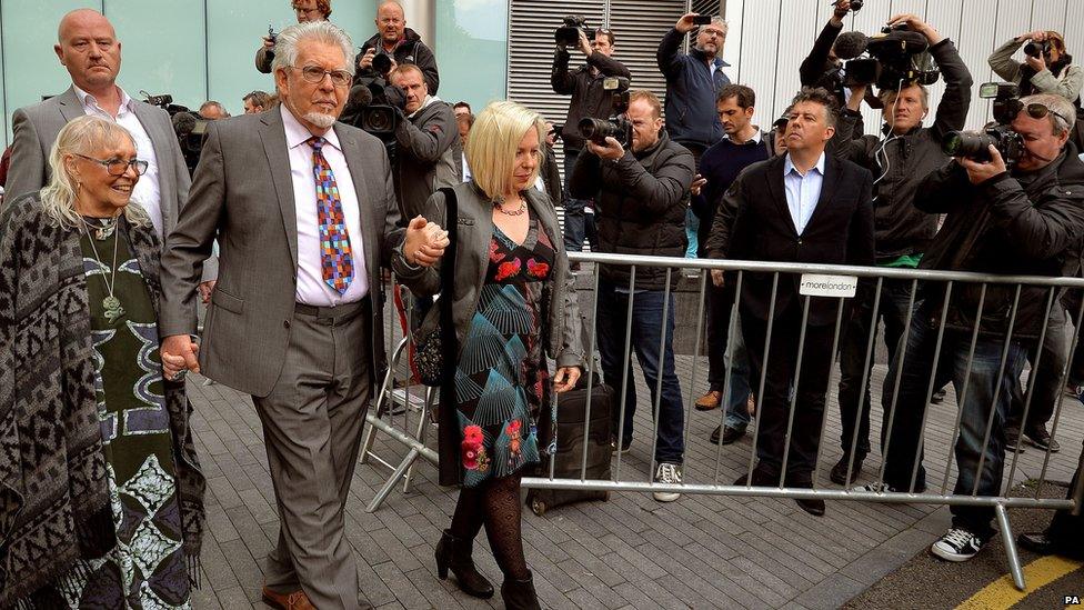 (l-r) Alwen Hughes, Rolf Harris and Bindi Harris outside Southwark Crown Court