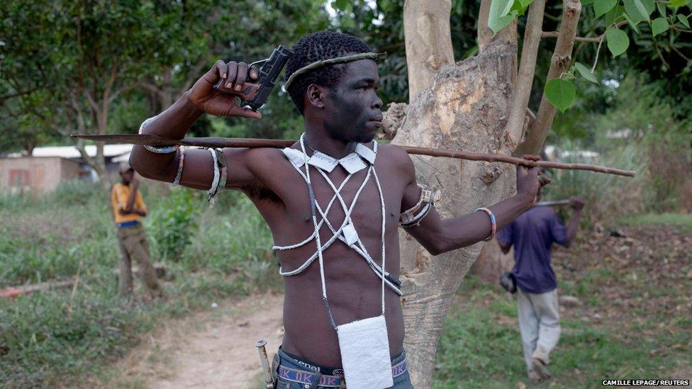 Anti-balaka fighters from the town of Bossembele on patrol