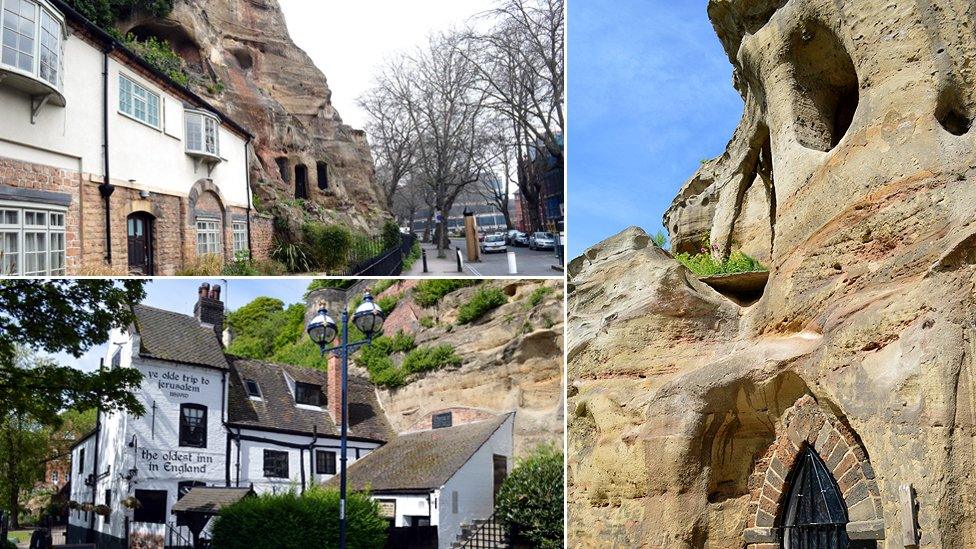 Composite image of buildings and caves