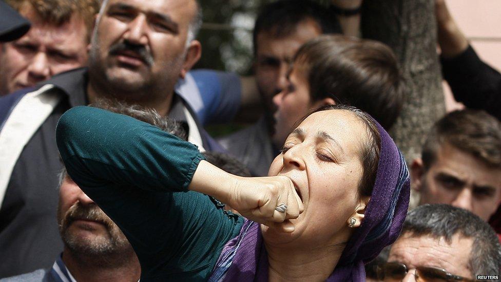 A relative of a miner reacts as she waits in front of an hospital in Soma, a district in Turkey's western province of Manisa May 14