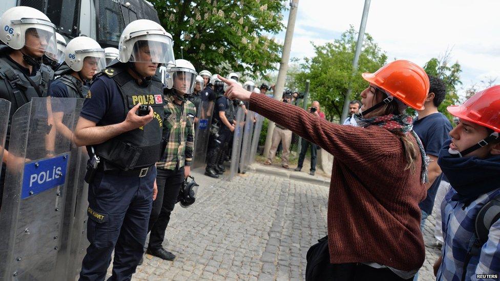 Demonstrators argue with riot police as they demonstrate to blame the ruling AK Party (AKP) government on the mining disaster in western Turkey, in Ankara May 14