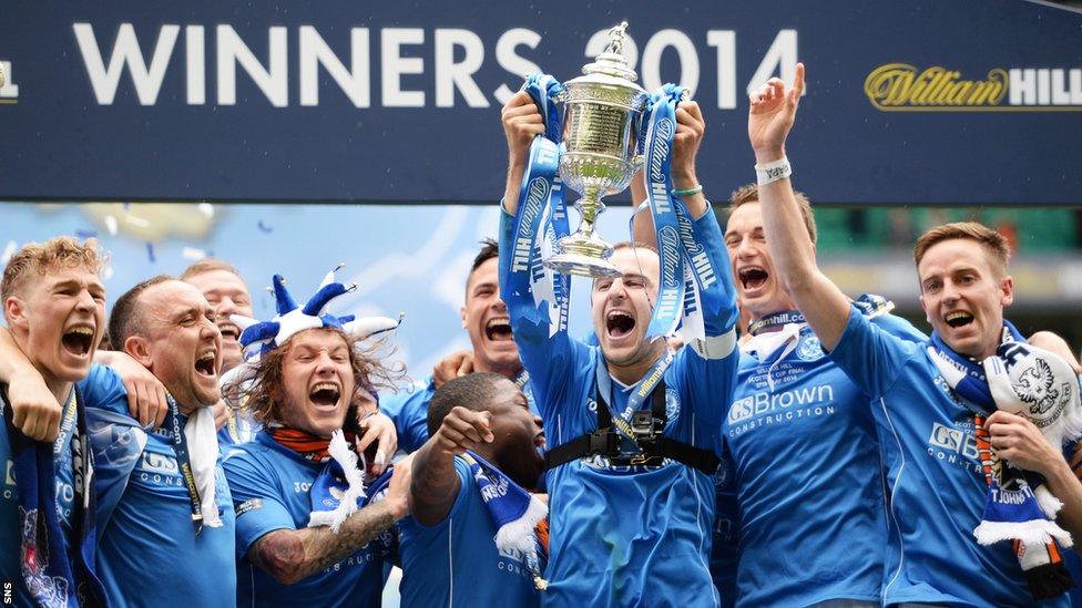 St Johnstone players celebrate with the Scottish Cup trophy