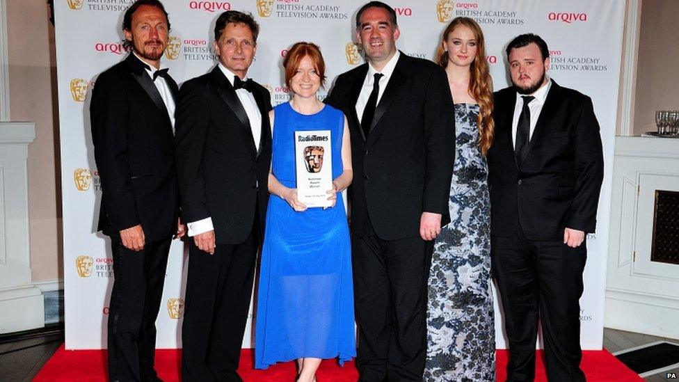 Presenters Jerome Flynn (far left), Sophie Turner (second right) and John Bradley (far right) with winners of the Audience Award for Doctor Who