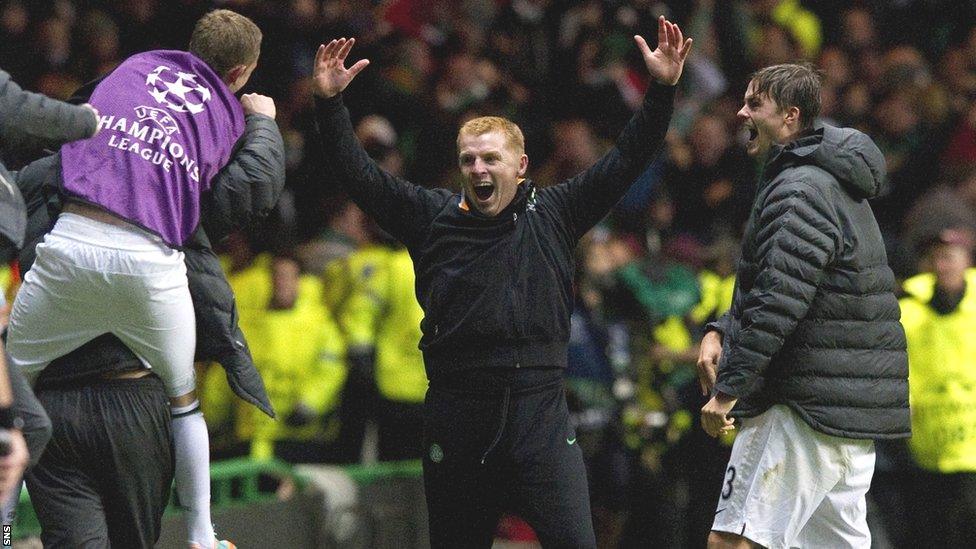 Neil Lennon celebrates Tony Watt's goal against Barcelona on 2012