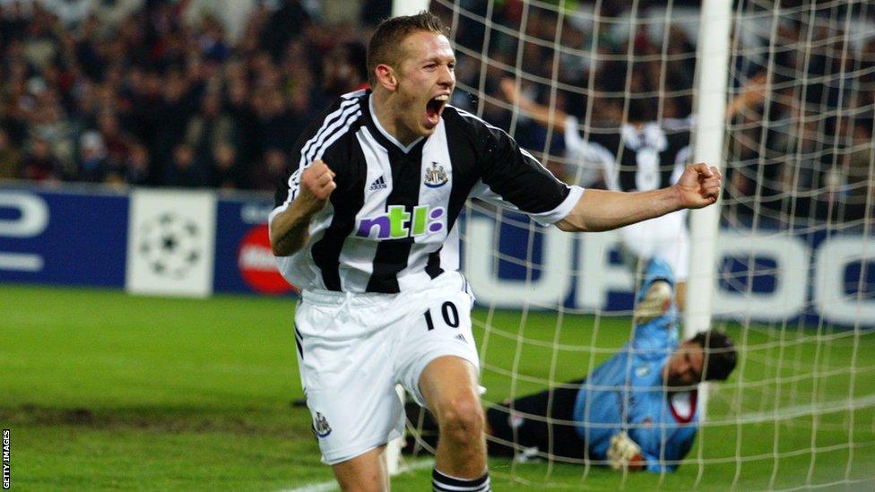 Bellamy celebrates scoring for Newcastle United in the Champions League 2002/03 season