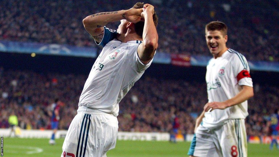 Bellamy's infamous 'golf stroke' celebration after scoring in the Champions League for Liverpool