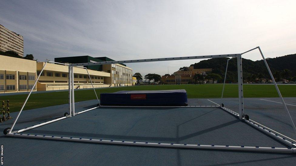 Goal posts on the training ground at England's world cup base, Urca military base (Forte de Urca)