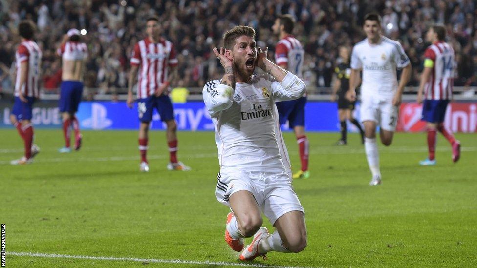 Sergio Ramos celebrates after equalising for Real Madrid and making the score 1-1 forcing the game into extra-time