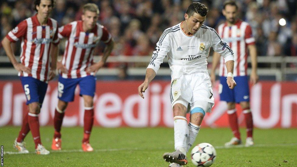 Cristiano Ronaldo scores from the penalty spot, after he was brought down by Gabi, to make it 4-1 to Real Madrid