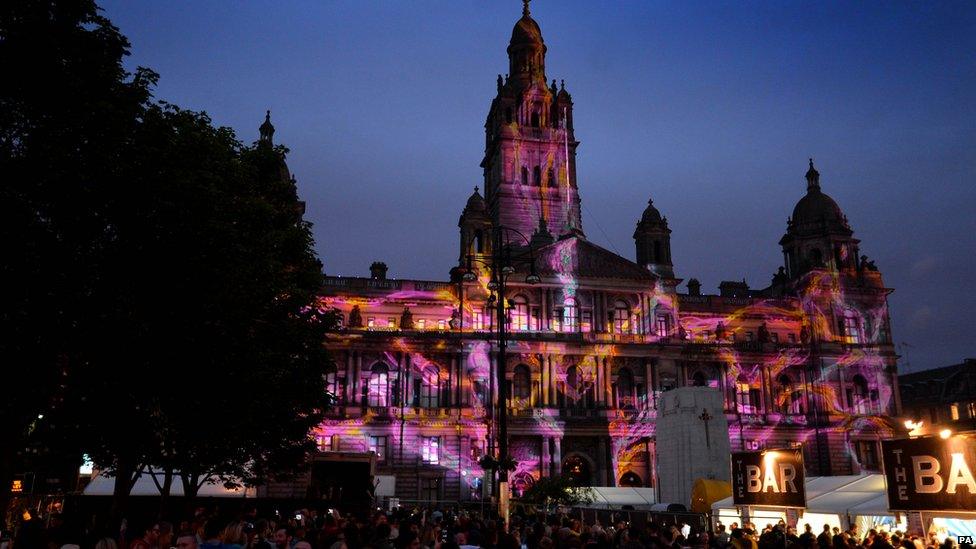 Projections on the front of Glasgow City Chambers during Radio 1"s Big Weekend at Glasgow Green