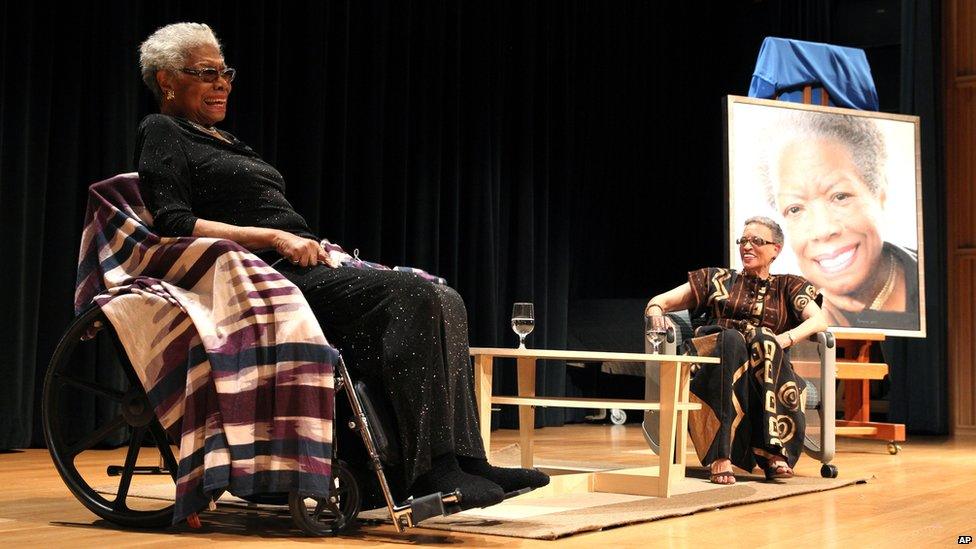 Maya Angelou, left, talks with Johnnetta Cole, director of the National Museum of African Art, at Maya Angelou's portrait unveiling at the Smithsonian's National Portrait Gallery in April 2014 in Washington, DC