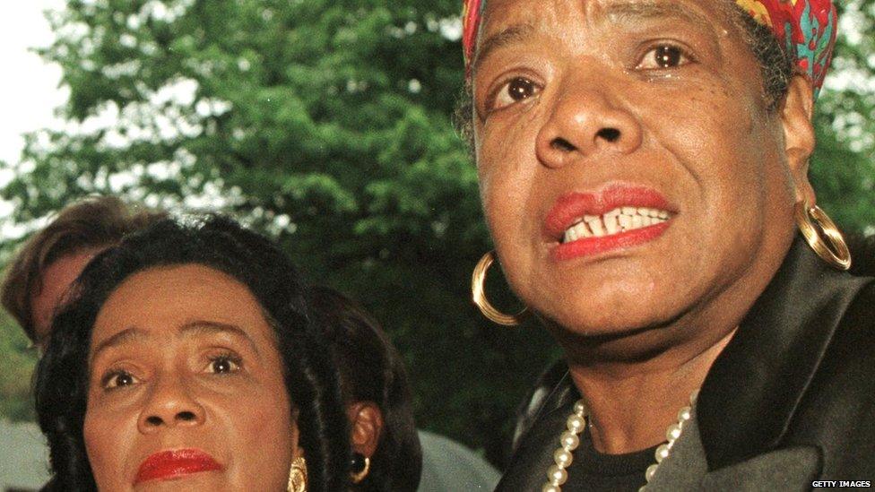 Coretta Scott King (left), widow of slain civil rights leader Martin Luther King Jr, and Maya Angelou speak to members of the media after visiting Betty Shabazz, the widow of Malcom X, at Jacobi Hospital in the Bronx, New York, in June 1997