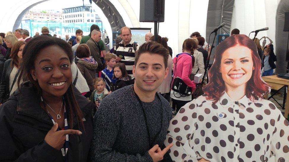 Ricky and Ayshah with a cut-out of Blue Peter's Lyndsey