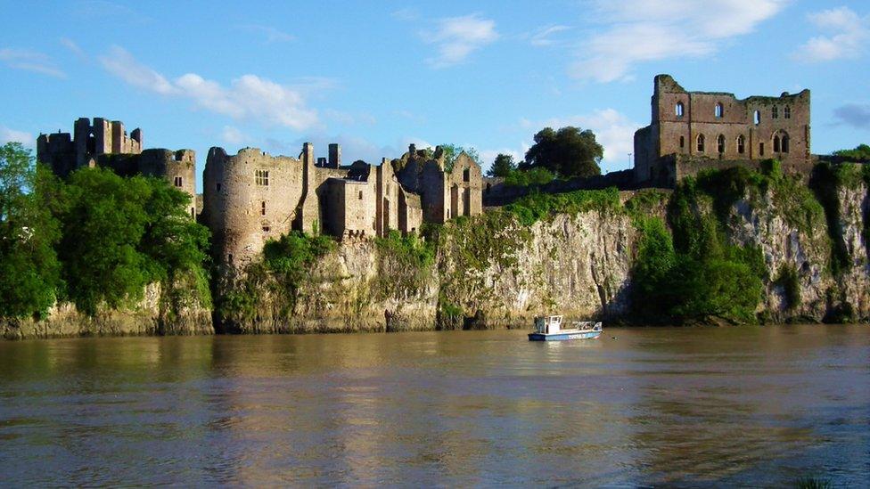 Chepstow Castle viewed from the north bank of the Wye