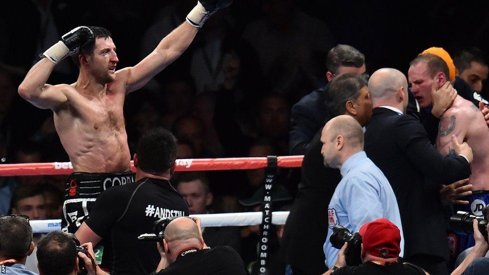 Carl Froch, after successfully defending his two world titles, was lifted aloft by his delighted team while doctors rushed to check a dazzled and dazed George Groves was OK