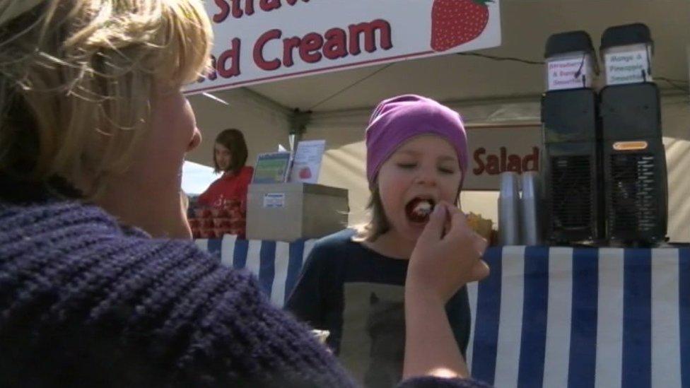 Girl eating strawberries and cream at the 2014 Royal Cornwall Show