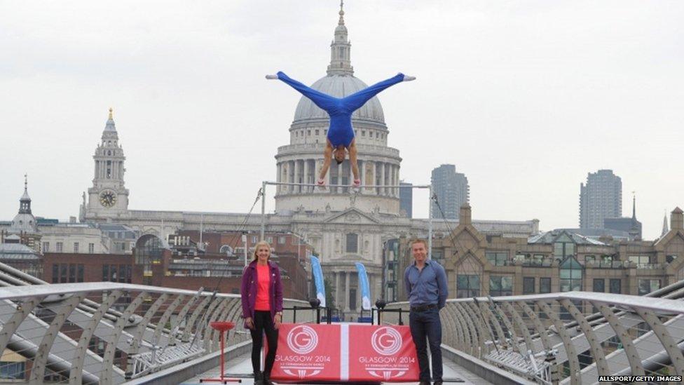 Rebecca Adlington, Louis Smith and Sir Chris Hoy pose on the Millennium Bridge