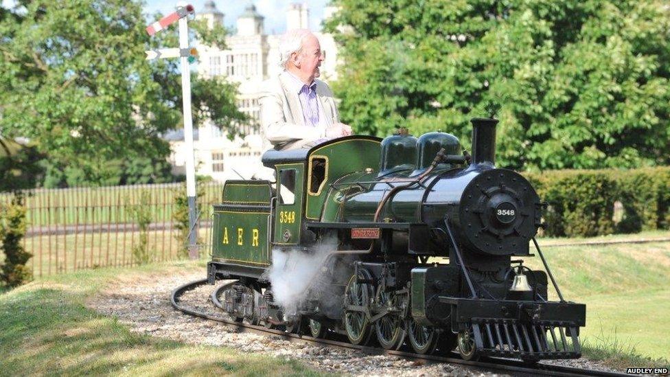 Lord Braybrooke on a miniature train