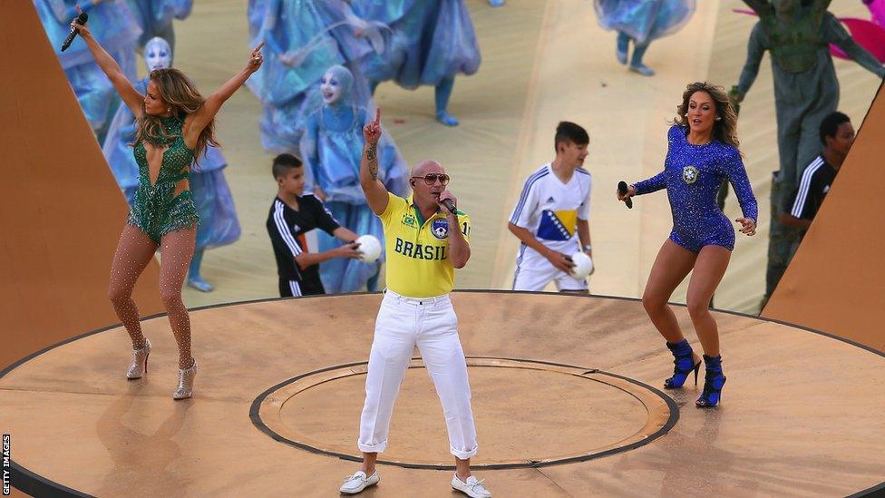 Jennifer Lopez, rapper Pitbull and Brazilian singer Claudia Leitte perform the official World Cup song "We are one" during the opening ceremony