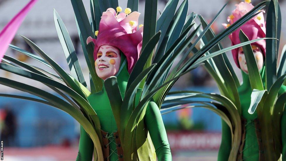 Dancers dressed as trees and flowers paid tribute to Brazil's nature in one of three acts of the World Cup opening ceremony at the Arena de Sao Paulo