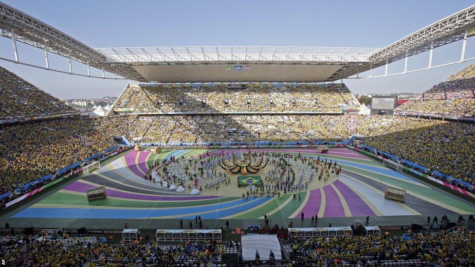 Fans fill the stands at the Arena de Sao Paulo as the opening ceremony of the 2014 Fifa World Cup heads towards its conclusion