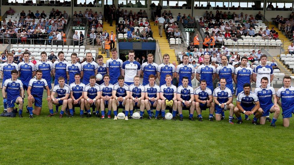 The Monaghan panel pose for their formal photograph before the throw-in at St Tiernach's Park in Clones