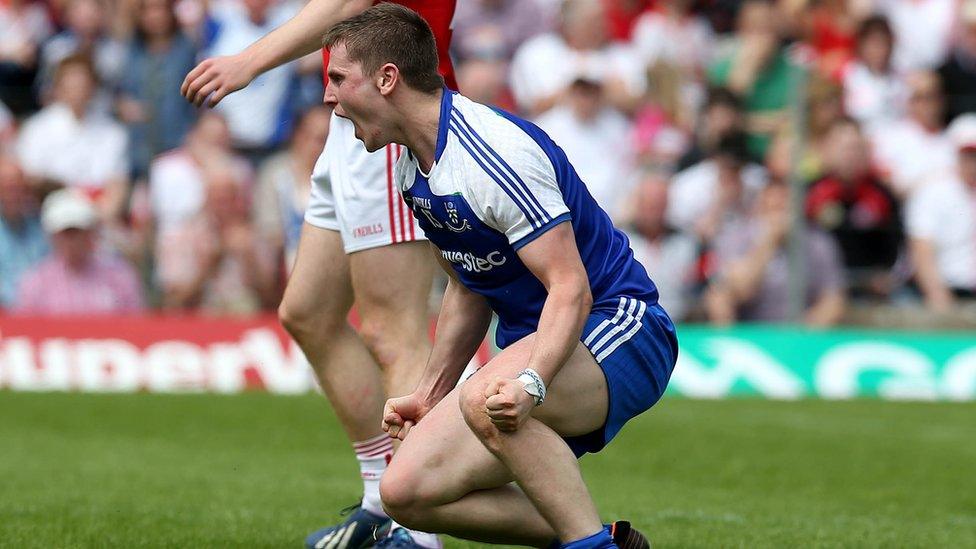 Monaghan's Dermot Malone celebrates after scoring the only goal in the narrow Championship win over Tyrone in Clones