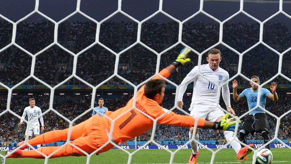 Wayne Rooney scores England's equaliser against Uruguay at the 2014 World Cup