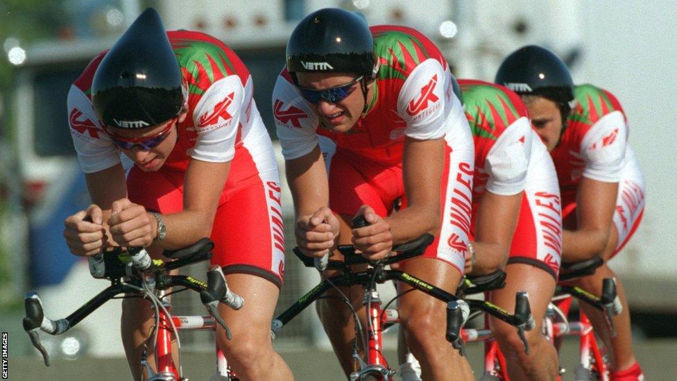 Victoria 1994: The Wales men's cycling team in action during the team time trial.