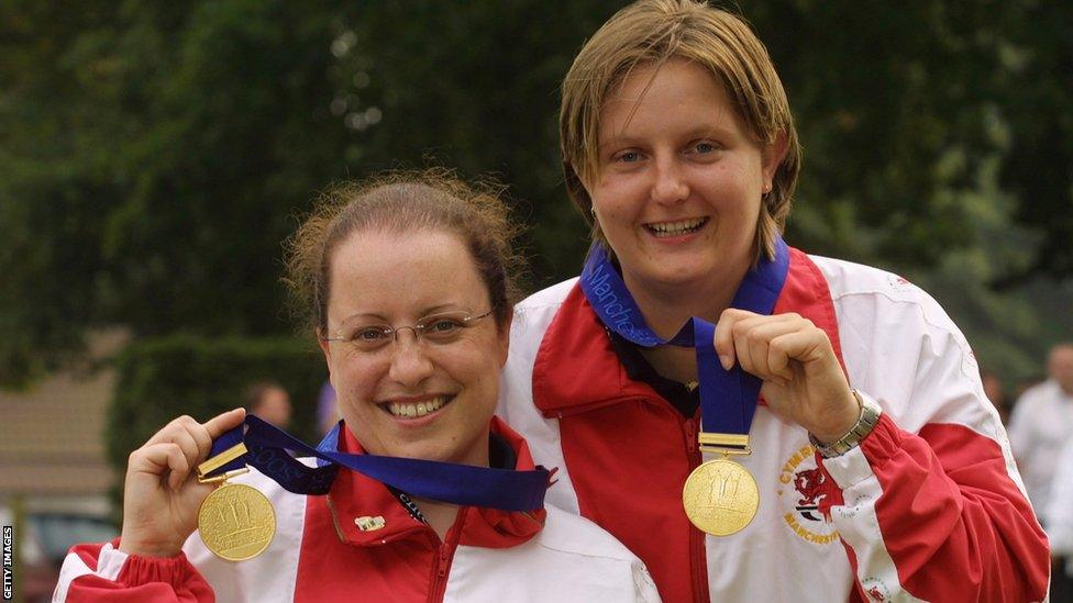 Manchester 2002: Ceri Dallimore and Johanne Brekke celebrate gold in the women's smallbore rifle prone pairs.