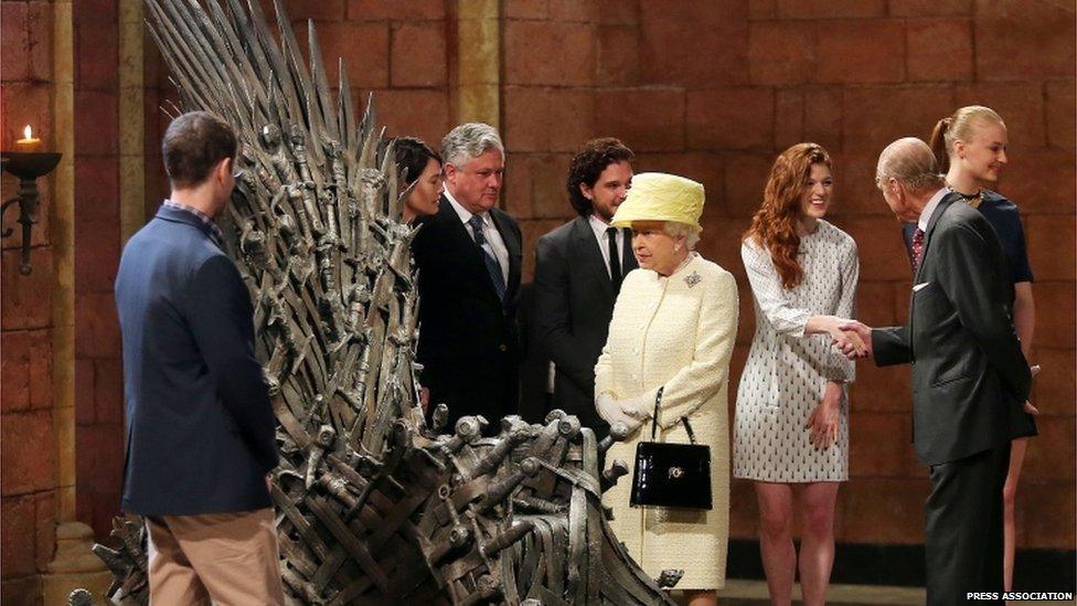 Queen Elizabeth II during a visit to the set of Game of Thrones on day two of a visit to Northern Ireland