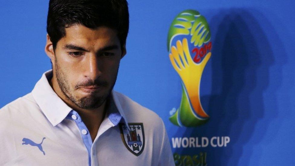 Uruguay player Luis Suarez attends a news conference prior to a training session at the Dunas Arena soccer stadium in Natal on 23 June