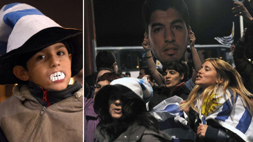 Fans wait for Luis Suarez at Uruquay airport