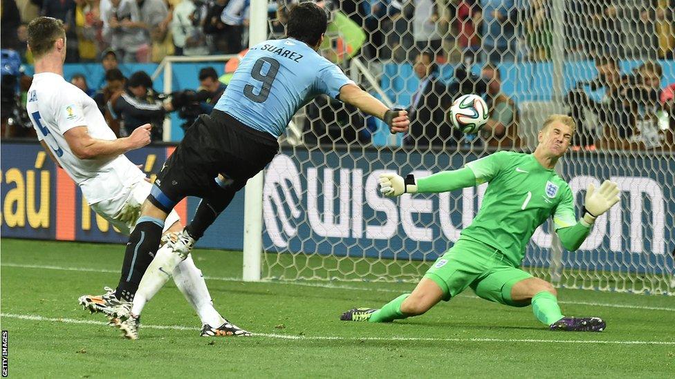 Luis Suarez scores his second goal against England