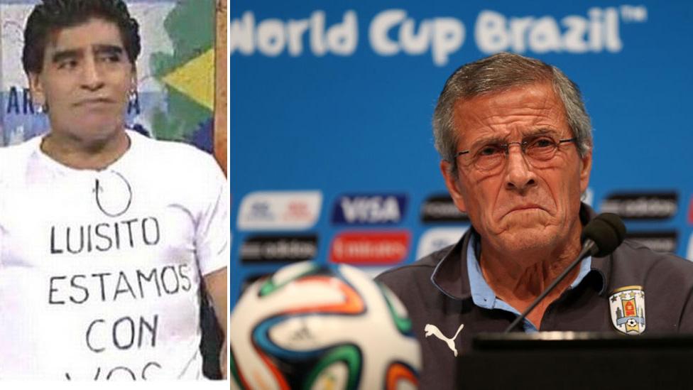 Diego Maradona and Uruguay coach Oscar Tabarez