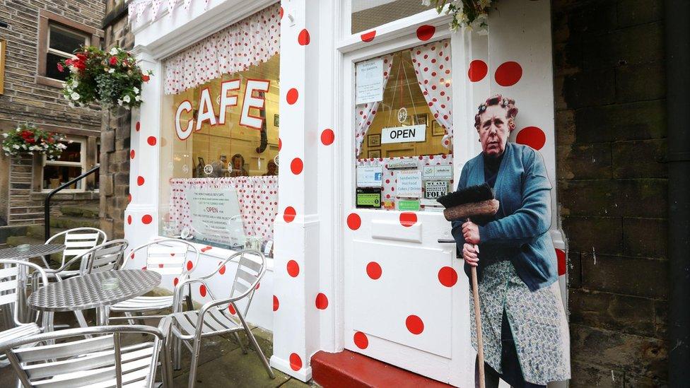 Sid's Café in Holmfirth, best known for its pivotal role in Last of the Summer of the Wine. To mark the occasion, the cafe has been decorated with the Tour's 'King of the Mountains' polka dots.