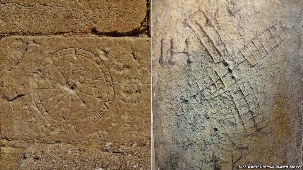 Medieval pictures of a sundial and windmill