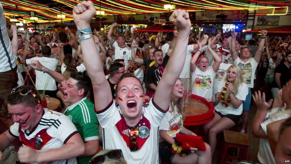 Germany fans celebrate a goal in Palma de Mallorca, July 8, 2014.